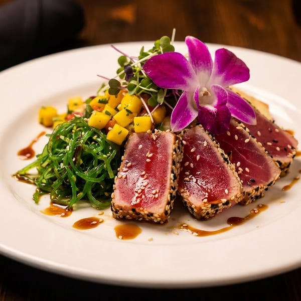 Seared tuna with sesame seeds, seaweed salad, mango salsa, and an orchid on a white plate.