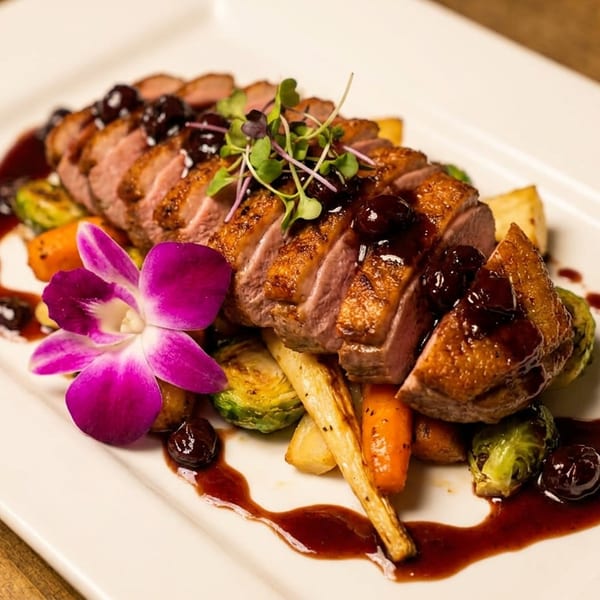 Sliced duck breast with cherry sauce, roasted vegetables, and a purple orchid garnish on a white plate.
