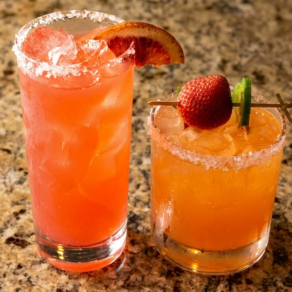 Two vibrant cocktails, one red with grapefruit, one orange with strawberry and jalapeño, on a granite surface.