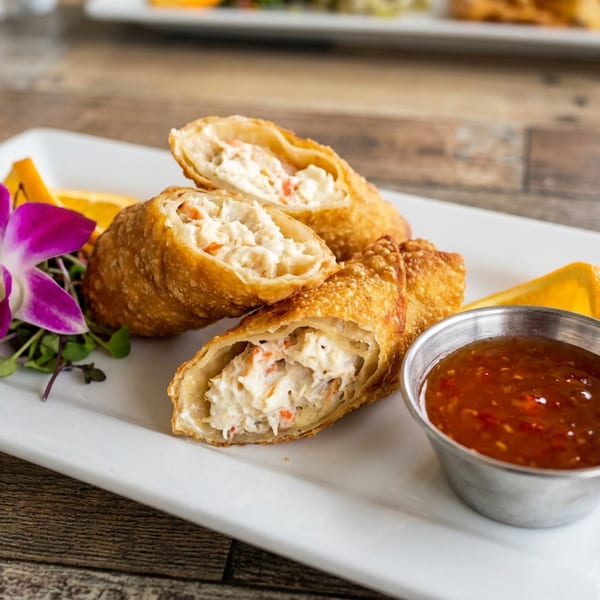 Golden-fried crab rangoon egg rolls, one cut open, with sweet chili sauce and an orchid garnish.