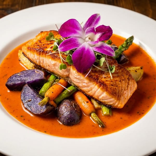 Pan-seared salmon with purple potatoes, carrots, asparagus, and a vibrant orange sauce, garnished with an orchid.