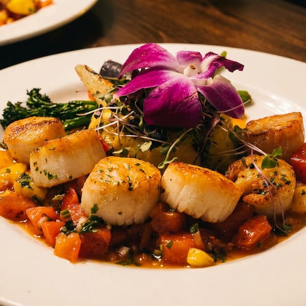 Pan-seared scallops with diced vegetables, microgreens, and an orchid garnish on a white plate.