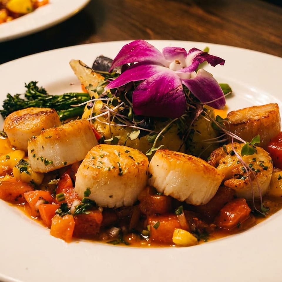 Pan-seared scallops with diced vegetables, microgreens, and an orchid garnish on a white plate.